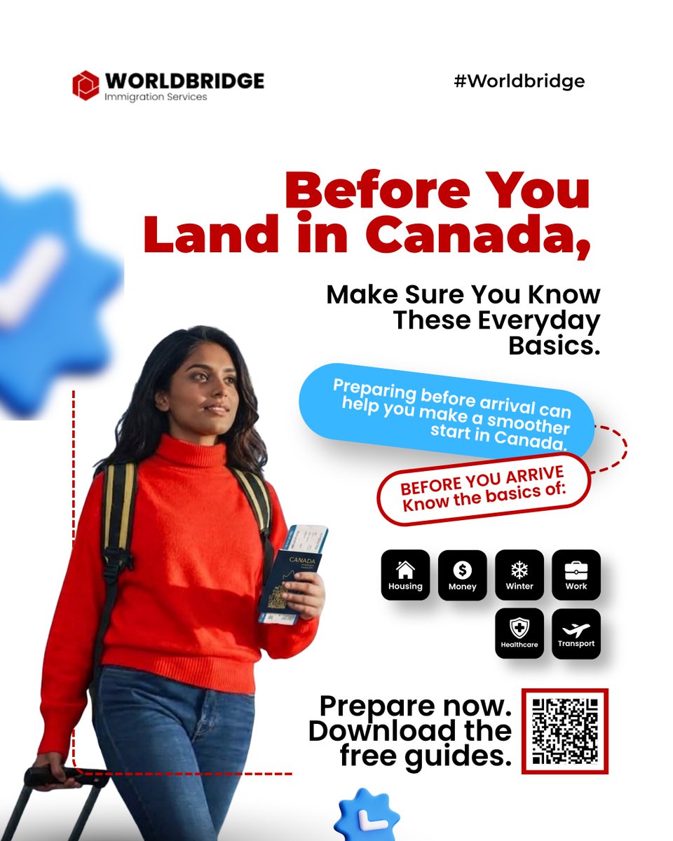 worldbridgehq's tweet photo. Your first days in Canada can bring a lot of practical questions. 🇨🇦

🏠 Where will you live?
💰 How will you manage your money?
❄️ How will you prepare for the weather?
🏥 How does healthcare work?
🚍 How will you get around?
💼 What should you know about employment and protecting yourself from scams? ⚠️

These may seem like everyday questions, but knowing what to expect before you arrive can make settling in much easier. 

The Worldbridge Practical Guide Series provides straightforward information to help newcomers prepare for these important parts of everyday life in Canada. 

The aim is simple: to help you understand:

🔹 What to expect.

🔹 What to prepare for.

🔹 What to look out for.

Because immigration is only the beginning. Knowing how to navigate life after arrival matters, too. 

📥 Download the free Worldbridge Practical Guides: 

https://t.co/Ni0SWnzaqf

#newcomersincanada #canadalife #settlementincanada #canadaimmigration #movingtocanada