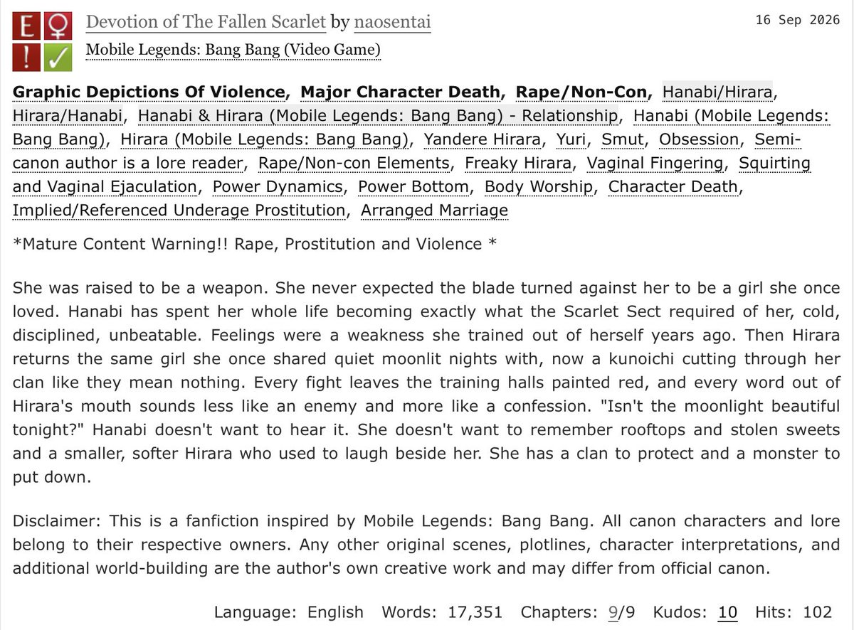 naosentai's tweet photo. Hanabi x Hirara MLBB Fanfict 🔞 Devotion of The Fallen Scarlet 
[English] 

- author note: semi-canon, author is a lore reader, 8 year anniv badge, goon + lore.

#HiraraMLBB #HanabiMLBB #HiraBi #Hanarara #MLBBfanfict #nsfw https://t.co/PGVblLthQG