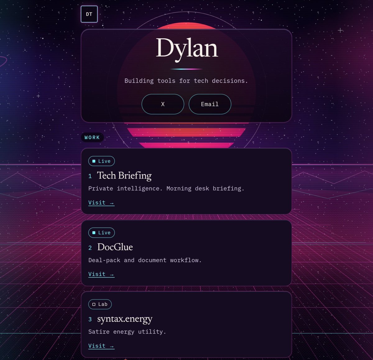Dylan_Texe's tweet photo. Made a vapor-80s portfolio because normal portfolios look like resumes.

https://t.co/0Jz6oX58yQ https://t.co/wZ5b4xTode