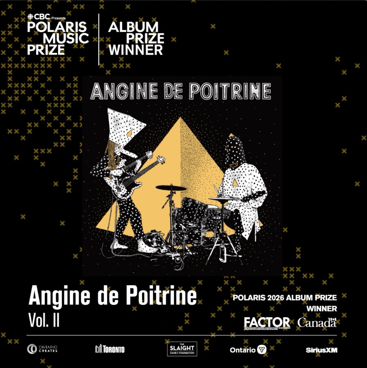 PolarisPrize's tweet photo. Angine de Poitrine have won the 2026 Polaris Album Prize for Vol. 2, and SOCAN Polaris Song Prize for “Fabienk.”
--
Angine de Poitrine a remporté le Prix de l’album Polaris 2026 pour Vol. 2, ainsi que le Prix de la chanson SOCAN Polaris pour “Fabienk.” https://t.co/LO4wSSv6Ps