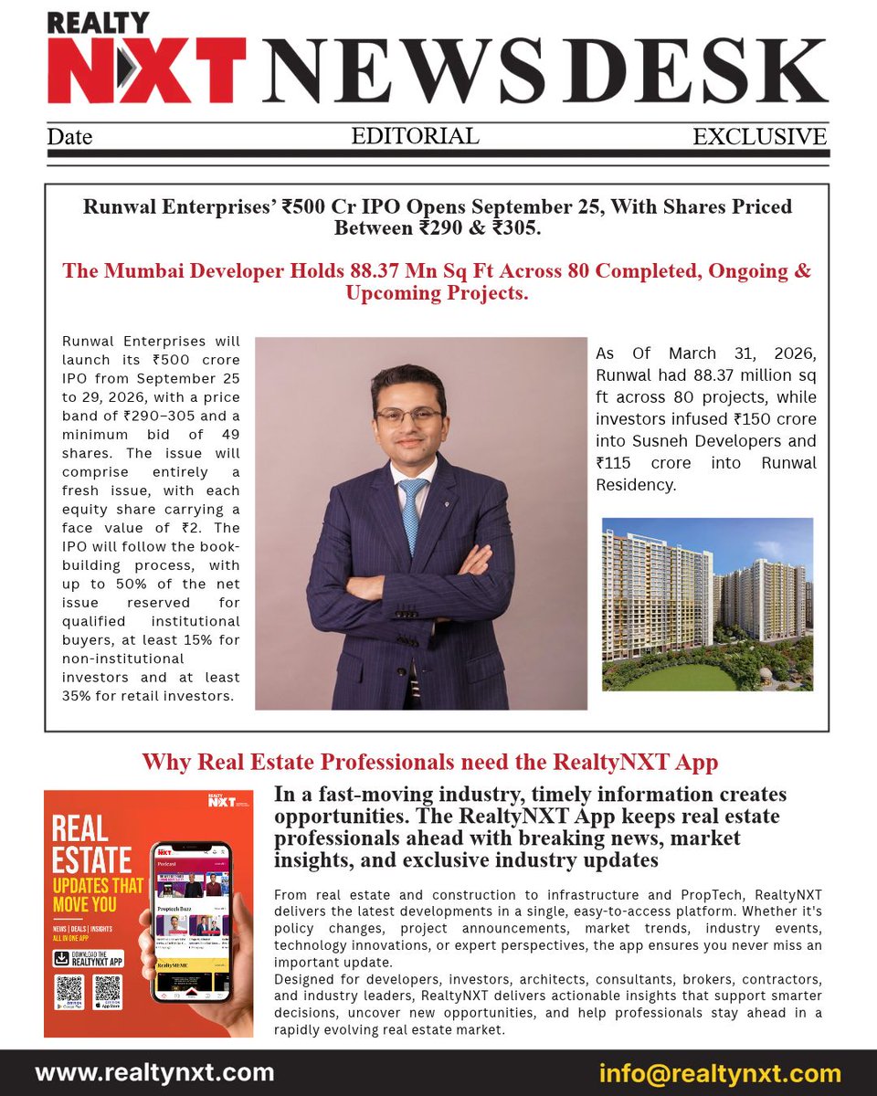 RealtyNXT's tweet photo. #News | Runwal IPO: ₹500cr, ₹290–305/share, Sept 25–29, 2026. Portfolio: 88.37mn sq ft across 80 projects; 74.58mn residential, 13.80mn non-residential.
#RealtyNXT #RunwalEnterprises #RunwalIPO #IPO2026 #RealEstateIPO #StockMarket #RealEstate #MumbaiProperty #PropertyMarket https://t.co/fh8MGNIDnN