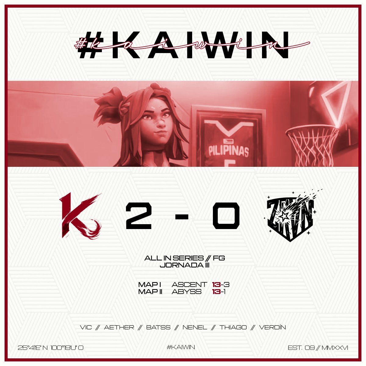 Ka1_Esports's tweet photo. VICTORIA 2-0. 🩸

Nos llevamos la Jornada III de ALL IN SERIES 
ante @zenikesports 

ASCENT — 13-3
ABYSS — 13-1
Seguimos sumando. Seguimos creciendo.
 #KAIWIN 🐉

#KAIWIN
#AllInSeries https://t.co/gzaRrkKF2a