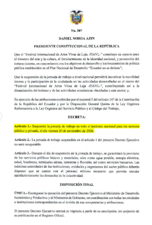 Lagyenews's tweet photo. Ojo con la agenda: el viernes 20 de noviembre no habrá jornada laboral ni académica en Ecuador. La medida, decretada por Daniel Noboa, será obligatoria para los sectores público y privado y no deberá recuperarse. El motivo: impulsar el Festival de Artes Vivas de Loja.

#Ecuador #DecretoPresidencial