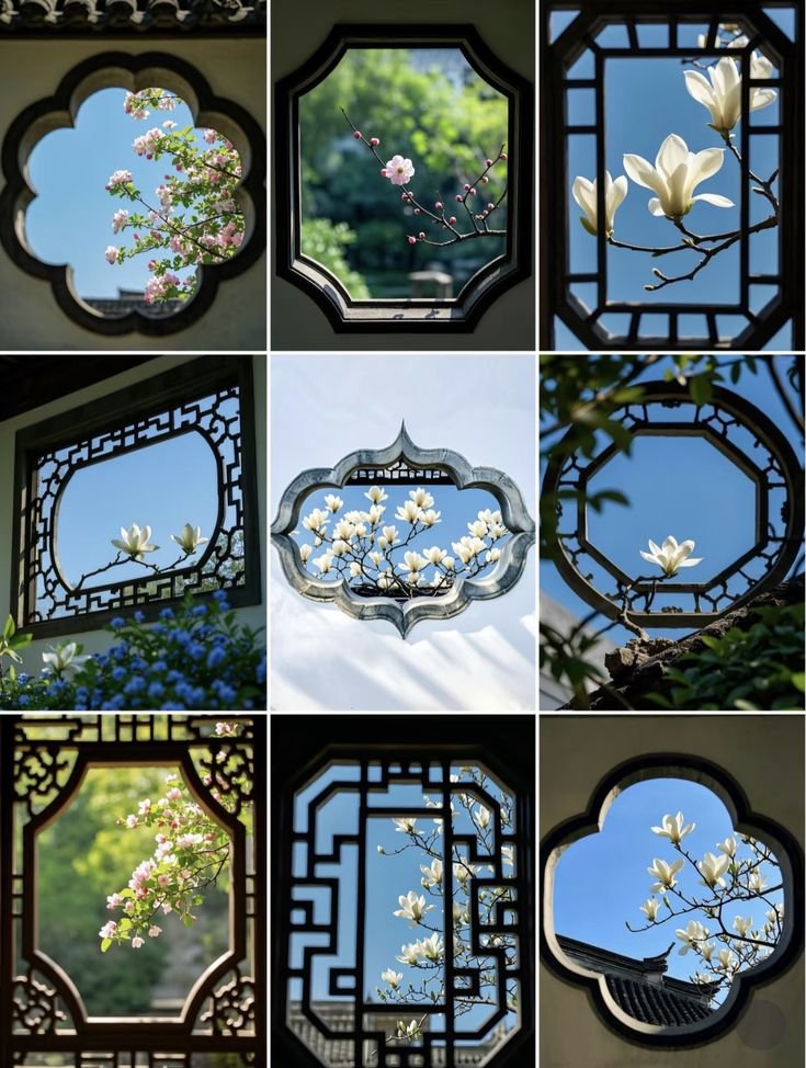 TacitusChrono's tweet photo. I love how these old Chinese garden windows turn flowers into part of the architecture. Such a simple idea, but it looks so good. https://t.co/u3rOEqujE0