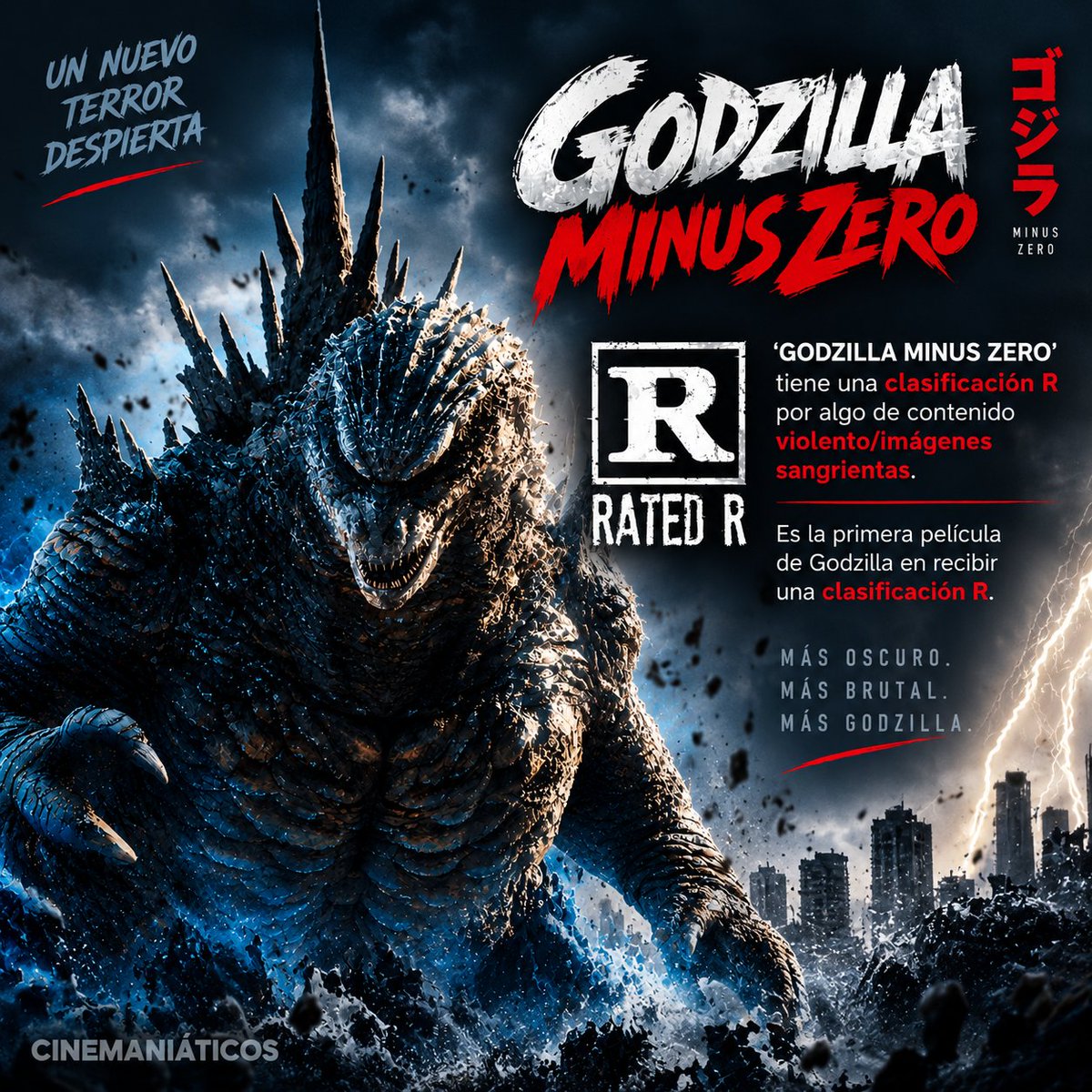 Cinemaniaticos1's tweet photo. Cinéfilos!! Se confirma que ‘GODZILLA MINUS ZERO’ tendra una clasificación R por algo de contenido violento/imágenes sangrientas, siendo la primera película de Godzilla en recibir una clasificación mayor. 🔥👾
¿Qué les parece? 📆😍
#Godzilla #MinusZero #GodzillaMinusZero #ClasificaciónR #RatedR