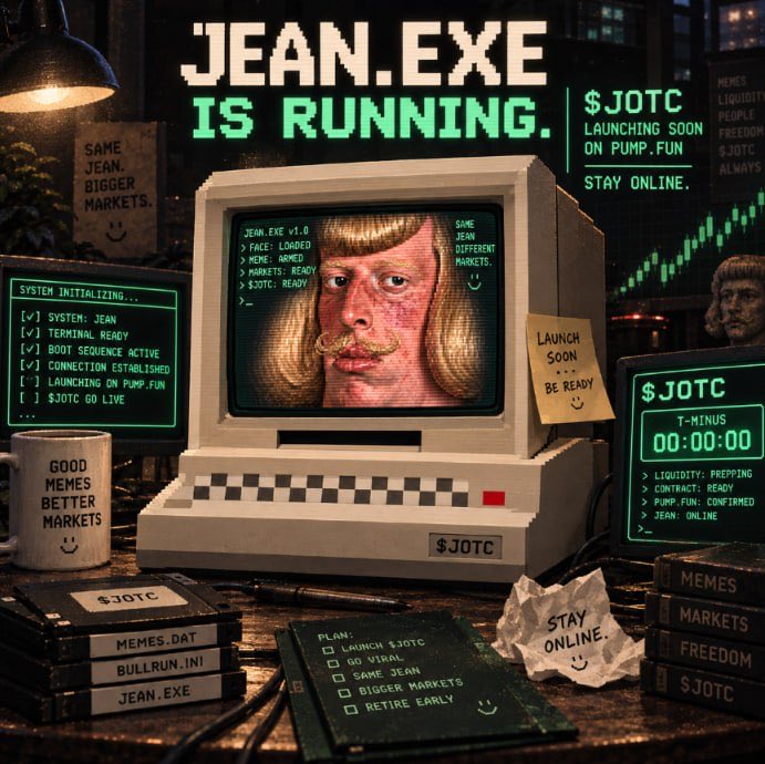 JeanOTCsol's tweet photo. JEAN.EXE IS RUNNING.

The terminal is ready.
The screen belongs to Jean.
$JOTC launching soon on @Pumpfun .
Stay online.

#SOL #PumpFun #JOTC https://t.co/rnkGuSiO8B