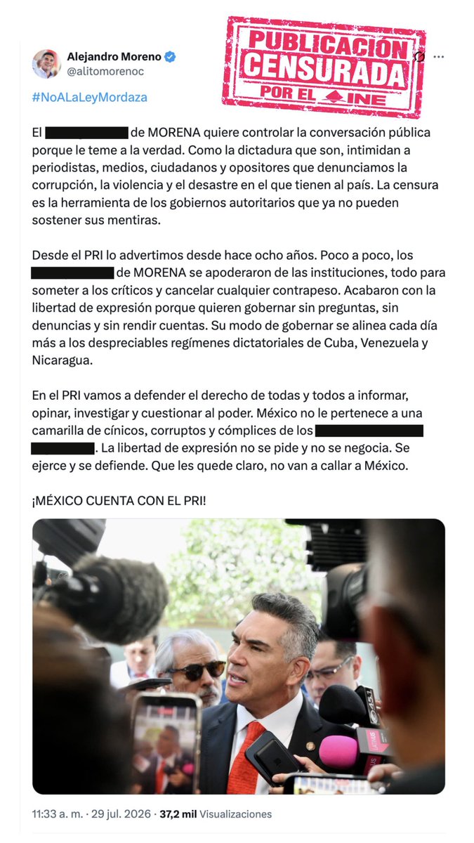 alitomorenoc's tweet photo. Estas son 15 de las publicaciones que el @INEMexico me ordena retirar porque son incómodas para el régimen de MORENA.

Se las comparto para que ustedes mismos las conozcan y saquen sus propias conclusiones. 🧵 https://t.co/ozwghLAaRb