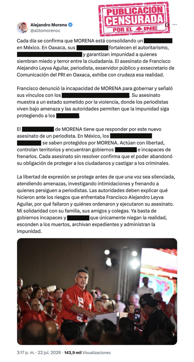 alitomorenoc's tweet photo. Estas son 15 de las publicaciones que el @INEMexico me ordena retirar porque son incómodas para el régimen de MORENA.

Se las comparto para que ustedes mismos las conozcan y saquen sus propias conclusiones. 🧵 https://t.co/ozwghLAaRb