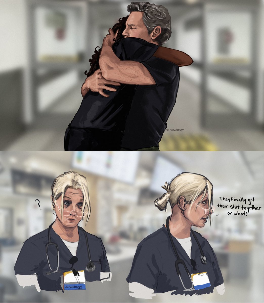 crochetcowgirl's tweet photo. dana’s being nebby, as a yinzer would 

aka how i imagine an emotionally charged reunion hug might go down for the outsider pov of #mohabbottropefest https://t.co/cdlmTTRQa1