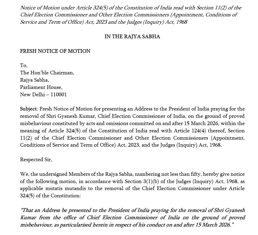 derekobrienmp's tweet photo. Five months ago, 60+ Rajya Sabha MPs (50 needed) wrote to Chairman RS moving Motion to remove CEC Gyanesh Kumar

After big news break today that two Election Commissioners objected to many of CEC's actions, it's time to bring out the RS Motion today. Impeach CEC to save democracy https://t.co/bQToB1djjQ