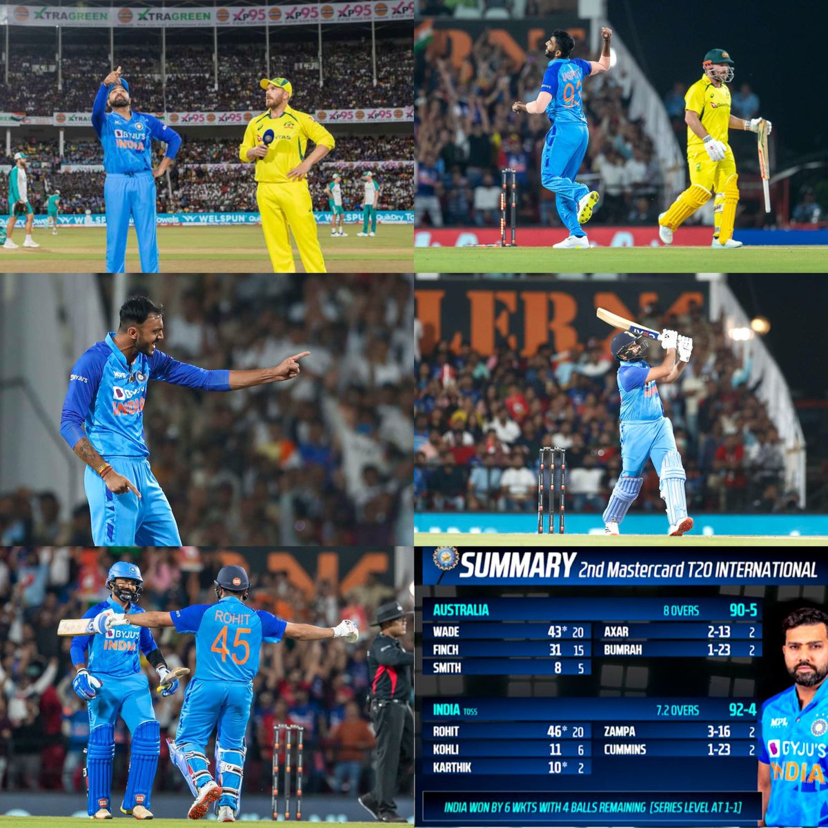Shebas_10dulkar's tweet photo. #OnThisDay in 2022 

Due to rain delay, India and Australia played a 8 over T20I match (A must-win game for India to stay alive in the series)

Batting first, Australia posted 90/5.

While Chasing, Captain Rohit Sharma took charge, smashed Josh Hazlewood for back-to-back sixes in the very first over and continued his brilliant inning until the final over.

India chased it down and won by 6 wickets! 🇮🇳💙