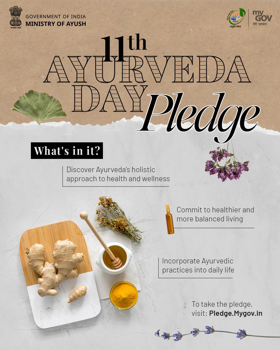 mygovindia's tweet photo. Ready to make wellness a way of life?

This Ayurveda Day, take a pledge to embrace the timeless wisdom of Ayurveda and make healthier choices a part of your everyday journey.

Take the pledge and celebrate the power of Ayurveda.

🔗 https://t.co/xoQqhcAqnP

#AyurvedaDay2026 #Ayurveda

@moayush @CCRAS_MoAyush