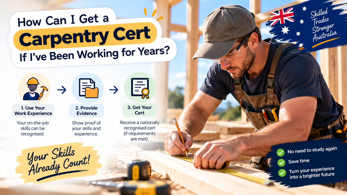 Eduspire_social's tweet photo. Been working in carpentry for years without a formal qualification?Your experience may count toward an RPL pathway. Provide evidence of your skills, complete the assessment, and work toward a recognised qualification.🌐 https://t.co/E9hDCGiyQn #RPL #Carpentry #RPLAustralia https://t.co/OlToXzR999