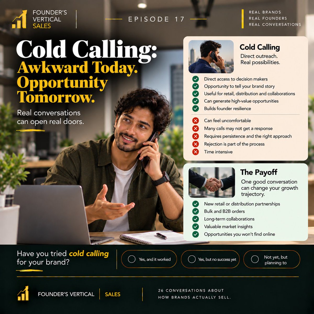 LebrandsSpace's tweet photo. 📈 FOUNDER’S VERTICAL | SALES | EPISODE 17Cold Calling: Awkward Today. Opportunity Tomorrow.
For D2C customers, cold calling may feel completely out of place.But B2B selling is different.The buyer at a retail chain, distributor or corporate account may never see your Instagram DM. Your email may sit unopened. Your LinkedIn message may never get a reply.Sometimes, you simply have to call.Not to deliver a five-minute pitch.Not to pressure someone into a deal.But to reach the right person and earn enough interest for the next https://t.co/7LWZTxhKmY good call could open the door to a retail listing, distribution partnership, bulk order or long-term business relationship.Of course, many calls will go nowhere.That is part of the process.The real skill is knowing who to call, what to say and how quickly you can give them a reason to keep https://t.co/fSJY3Zefi8, founders:Have you tried cold calling for your brand?
◯ Yes, and it worked
◯ Yes, but no success yet
◯ Not yet, but planning to👇 Has one unexpected cold call ever opened a major opportunity for your business?Founder’s Vertical | Sales
 26 conversations about how brands actually sell.#FoundersVertical #Sales #ColdCalling #B2BSales #Retail #Distribution #D2CBrands #FounderSales #StartupIndia #LeBrandsSpace