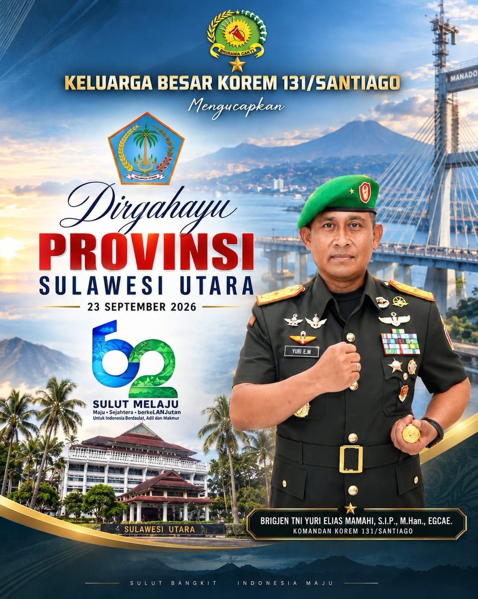 131Korem's tweet photo. Segenap Keluarga Besar Korem 131/Santiago mengucapkan Selamat Hari Jadi ke-62 Provinsi Sulawesi Utara! 🥳 Bersama kita wujudkan Sulawesi Utara yang maju, sejahtera, dan berkelanjutan untuk Indonesia yang berdaulat, adil, dan makmur.
#HUTSulut62 #Korem131Santiago #SulawesiUtara https://t.co/aTkSxwK0pm