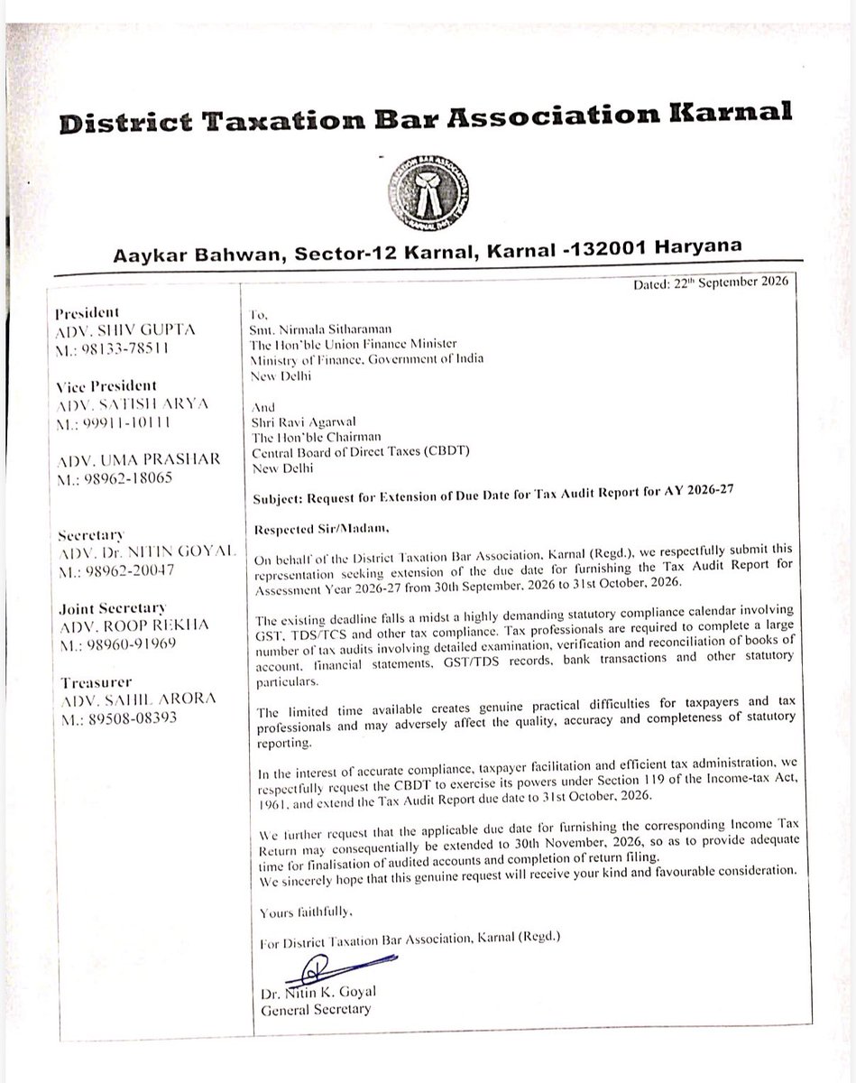 advsatisharya01's tweet photo. Hon’ble @FinMinIndia @IncomeTaxIndia, it is humbly requested to extend the Tax Audit due date for AY 2026-27 from 30.09.2026 to 31.10.2026. 

-Satish Arya, Vice President 
District Taxation Bar Association 
Karnal
#ExtendTaxAuditReport 
#Audit #extension 
@PMOIndia https://t.co/pUciclY6ci