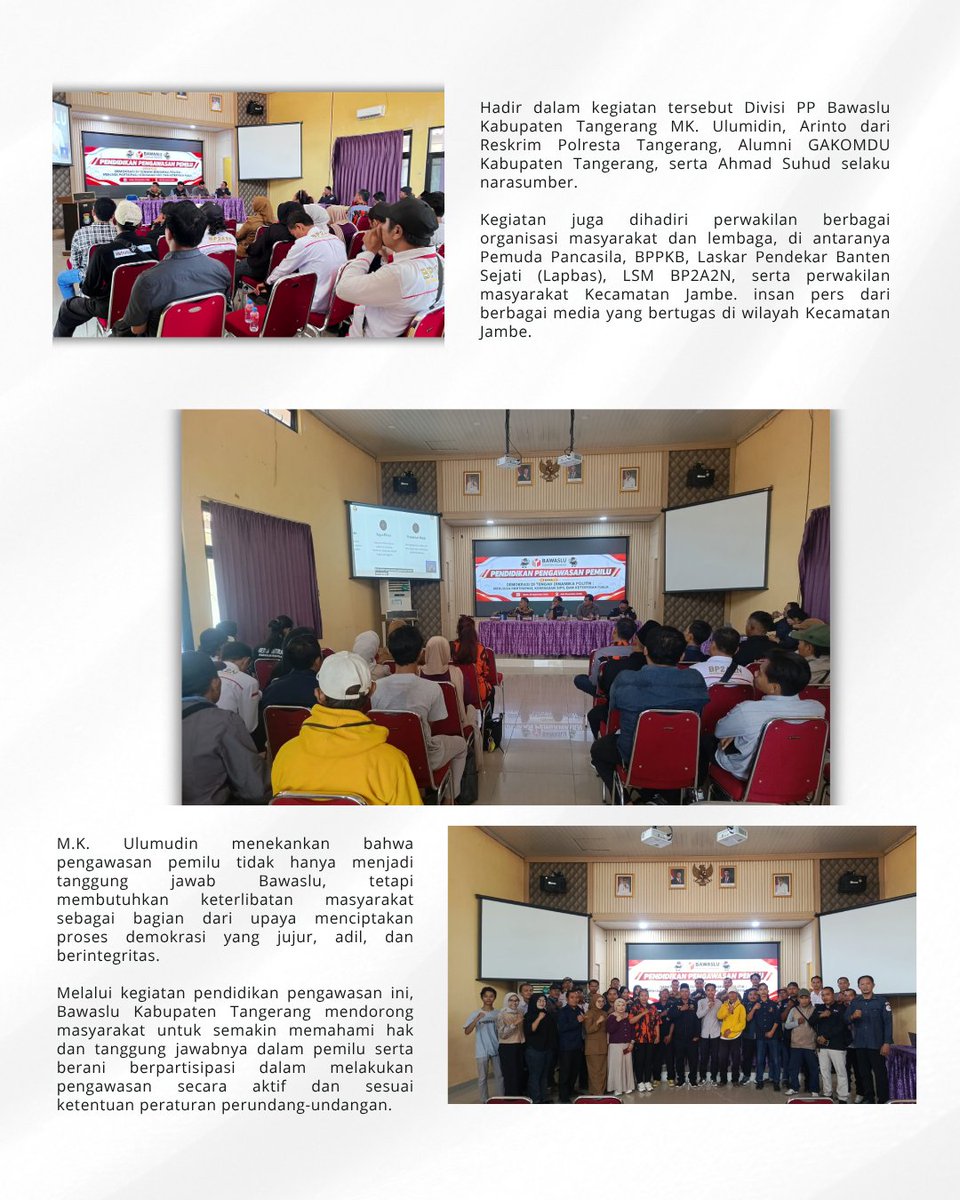 BawasluKabTang's tweet photo. Bawaslu Kabupaten Tangerang terus mendorong keterlibatan masyarakat dalam mengawal proses pemilu

#bawaslukabupatentangerang #BawasluMengawasi #PengawasanPartisipatif #KawalDemokrasi https://t.co/LnK3SIsG0O