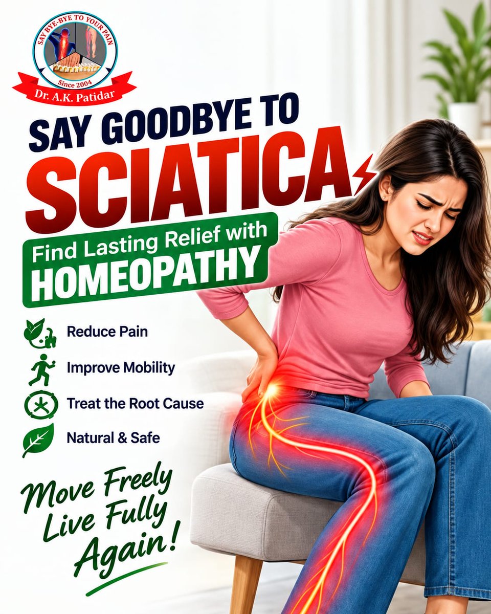 drakpatidar's tweet photo. Say goodbye to sciatica nerve pain with homeopathy! 🌿 Heal naturally, improve mobility &amp; treat the root cause without side effects.
📍 Dr. A. K. Patidar, Indore 📞 Call: +91 95828 86947

#SciaticaRelief #Homeopathy #BackPain #IndoreDoctor #NaturalHealing #Sciatica https://t.co/vTZRqJkNun