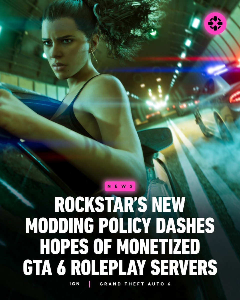 IGN's tweet photo. The modding rules on Rockstar's website explicitly forbid unauthorized commercialization of mods in its games, crushing the dreams of some would-be entrepreneurs ahead of GTA 6's release this November. https://t.co/kVIC6h5dwm https://t.co/yuJH2NBO0Z