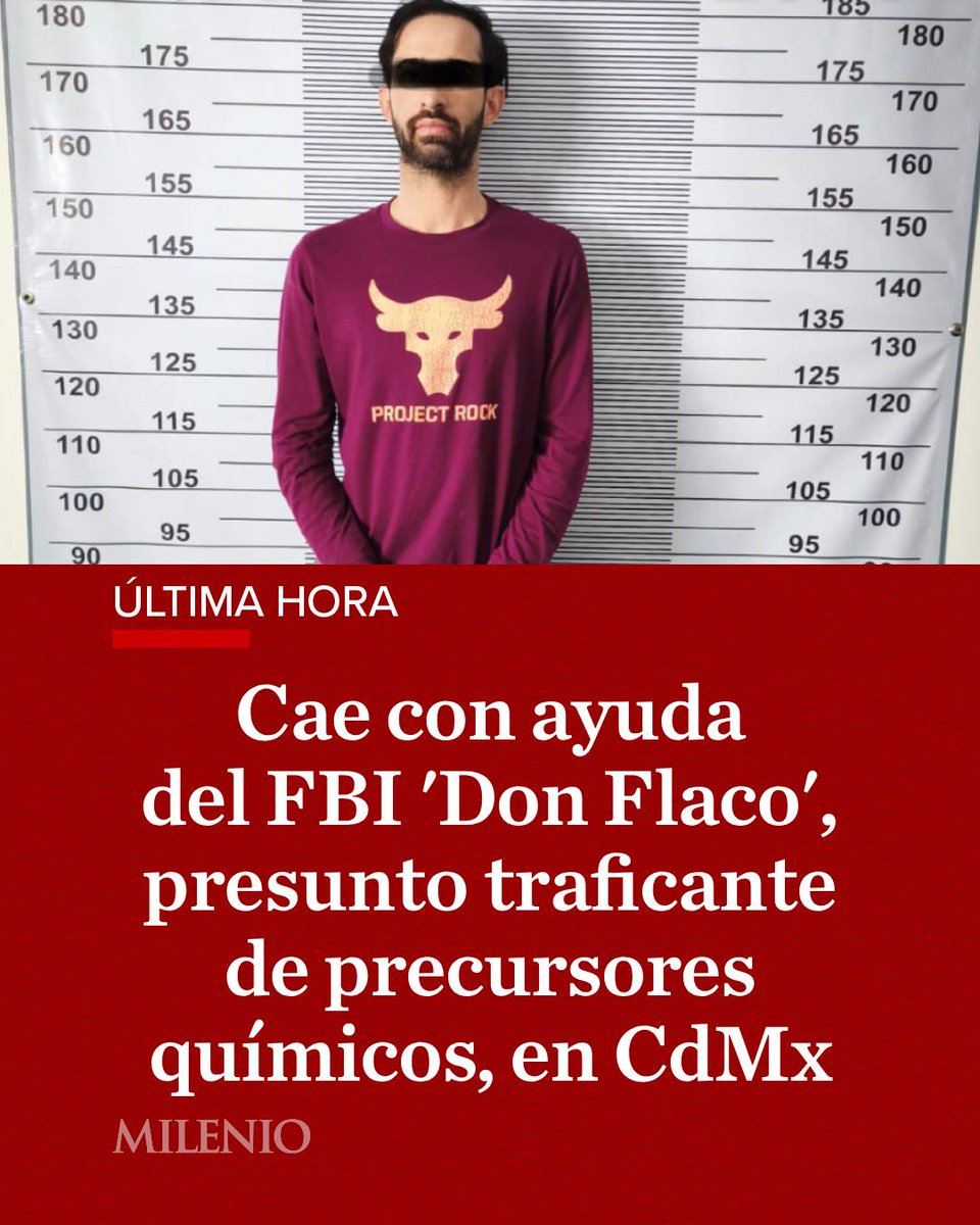 Milenio's tweet photo. 🚨 #AlMomento | Detienen con ayuda del FBI a 'Don Flaco', presunto traficante de precursores químicos, en CdMx

Autoridades federales detuvieron a José Ángel 'N', 'Don Flaco', presunto narcotraficante que es requerido por autoridades de Estados Unidos por delitos relacionados con el tráfico de droga. 

El titular de la Secretaría de Seguridad y Protección Ciudadana (SSPC), Omar García Harfuch, detalló que el acusado fue detenido en la alcaldía Cuauhtémoc, Ciudad de México, tras una operación en conjunto entre elementos de la Fiscalía General de la República (FGR) y la Agencia de Investigación Criminal, ssí como personal de la Oficina Federal de Investigación (FBI, por sus siglas en ingles) y la Administración de Control de Drogas (DEA). 

Según Harfuch, 'Don Flaco' es señalado como coordinador y financiador de una organización dedicada al traslado de precursores químicos de China a México y Estados Unidos.

📲 Toda la información, aquí: https://t.co/tKvPS8elXX