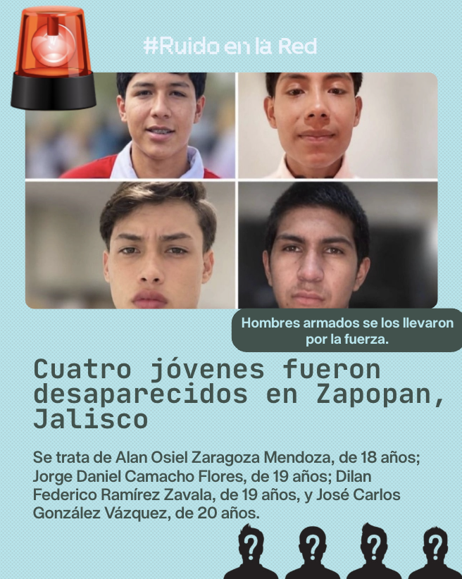 RuidoEnLaRed's tweet photo. ‼️ Cuatro jóvenes fueron reportados como desaparecidos en Zapopan, Jalisco, luego de que hombres armados irrumpieran en el domicilio donde se encontraban reunidos la noche del 14 de septiembre.

De acuerdo con declaraciones de los familiares, sujetos encapuchados lanzaron disparos contra la fachada del inmueble, entraron y se los llevaron a la fuerza en camionetas blancas.

🔗 https://t.co/G4A3ry1oAD