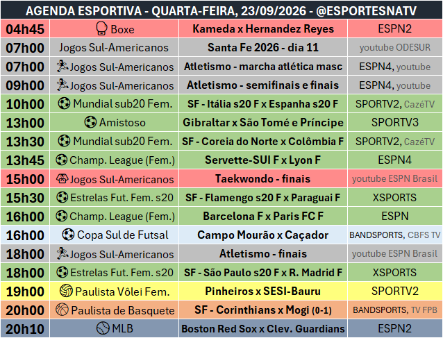 EsportesNaTV's tweet photo. A agenda esportiva desta QUARTA-FEIRA (23/09/2026) https://t.co/ODzP5ji1DC