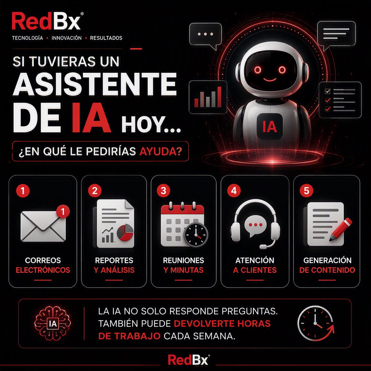 RedBxOficial's tweet photo. Si hoy tuvieras un asistente de IA...
¿Qué tarea le delegarías primero?
📧 Correos 📊 Reportes 📅 Minutas de reuniones 🎧 Atención a clientes ✍️ Contenido
La IA puede devolverte horas de trabajo cada semana.
👇 Te leo.
#IA #Tecnologia #Productividad #RedBx https://t.co/z9bUYTVu5H