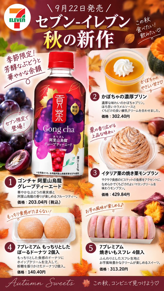 SANACAly's tweet photo. ＼9/22発売🍂／
コンビニで買える！秋の新作まとめ♡

セブン・ファミマ・ローソンから
秋の味覚を楽しめる新作が続々登場🌰🍠🎃

🍇 セブン
セブン限定の「ゴンチャ 阿里山烏龍グレープティーエード」に注目👀

#コンビニ新作 #コンビニス��ーツ #秋スイーツ #秋の新作 #セブンイレブン https://t.co/72WE3AsXcM