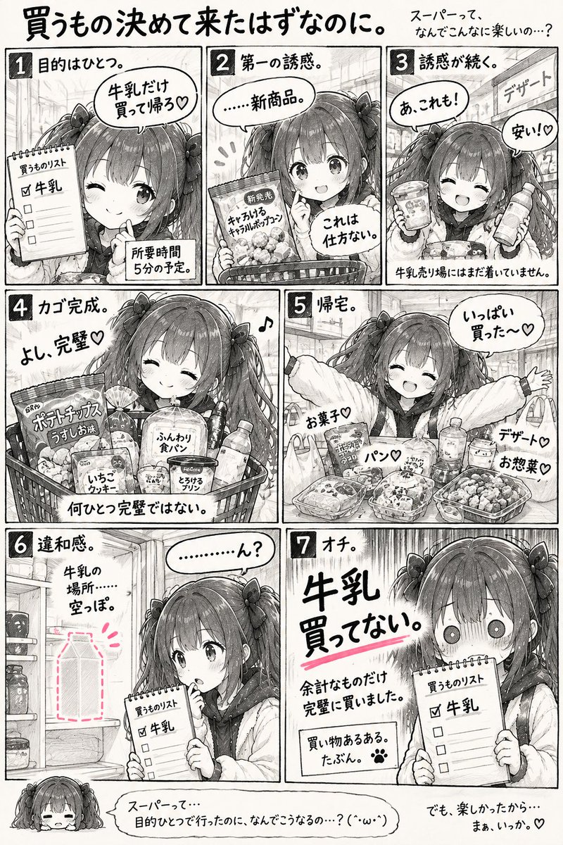 project_if_jp's tweet photo. 牛乳だけ買って帰る。
本当にそれだけの予定でした。
……スーパーって怖い。

なお、牛乳はありません。🥛

#今日のコデちゃん #買い物あるある #日常漫画 https://t.co/Q74znNlnEE