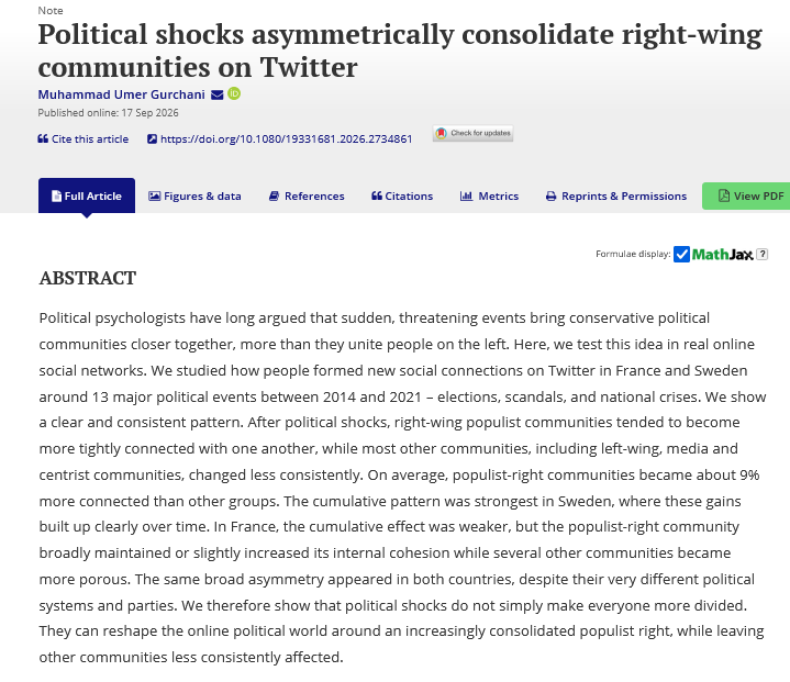 JITP_APSA's tweet photo. 🗒️NOTE 🗒️This study tests whether threatening events bring #conservatives together more than they do the left by analyzing how social connections were formed on #Twitter in #France &amp; #Sweden around 13 major political events from 2014-2021 @UmerGurchani @InstitutNicod 
@apsa_itp https://t.co/e5D1mWJXb8