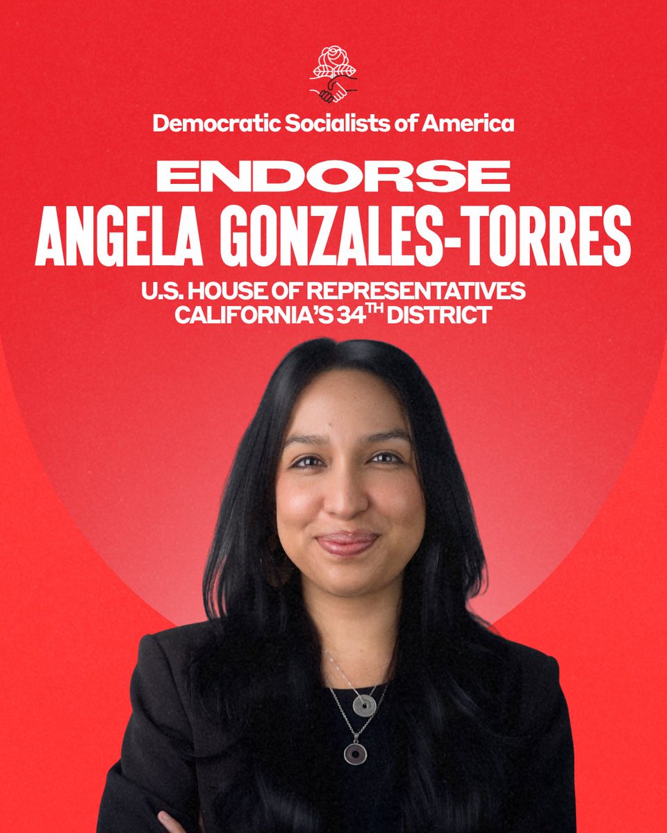 DemSocialists's tweet photo. DSA is proud to endorse @dsa_losangeles member Angela Gonzales-Torres (@Angela4CA) for Congress. Gonzales-Torres’s congressional agenda takes up an arms embargo on Israel, labor protections, Medicare for All and abolishing ICE. https://t.co/hxP6RKUyk3