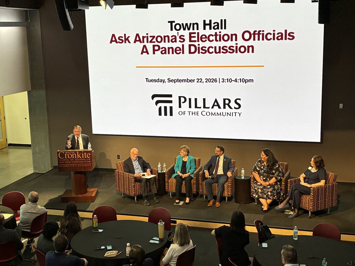 KateMcGeeAZ's tweet photo. Thank you to ASU’s Mechanics of Democracy Laboratory for hosting the 2026 Fall Elections Convening. The event gave great insight into how our elections work. I was honored to be on the Pillars of the Community panel where I discussed how Maricopa County is prepared for the November election, and what we’re doing to make it a great experience for voters. 

Voter registration deadline is October 5th! 

https://t.co/KNY784XeB2