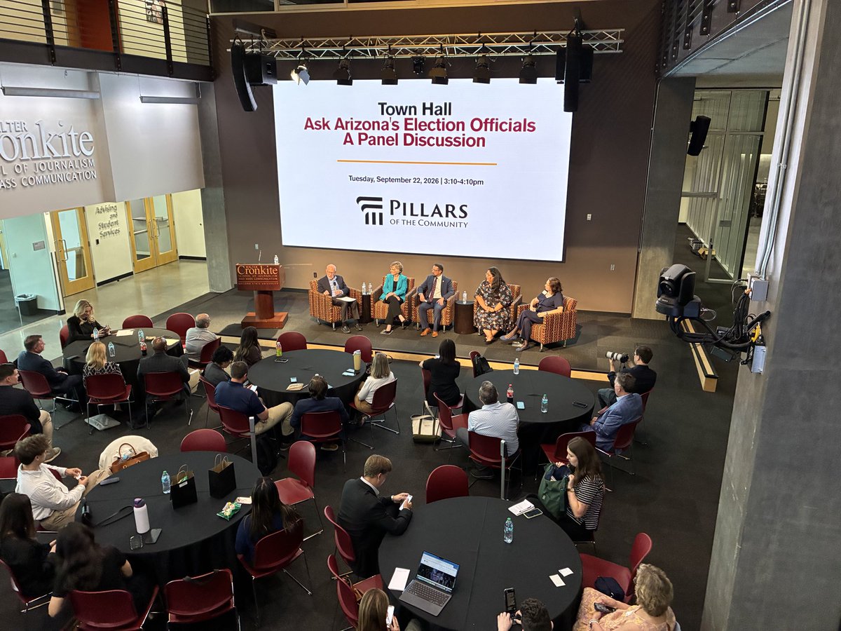KateMcGeeAZ's tweet photo. Thank you to ASU’s Mechanics of Democracy Laboratory for hosting the 2026 Fall Elections Convening. The event gave great insight into how our elections work. I was honored to be on the Pillars of the Community panel where I discussed how Maricopa County is prepared for the November election, and what we’re doing to make it a great experience for voters. 

Voter registration deadline is October 5th! 

https://t.co/KNY784XeB2