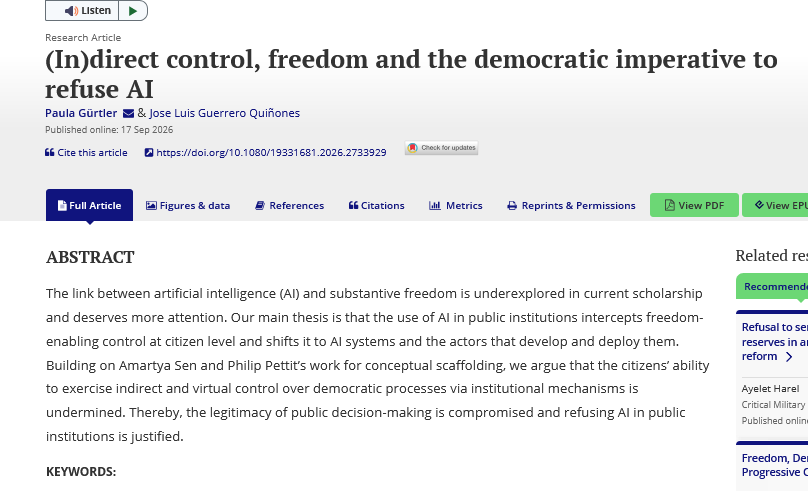 JITP_APSA's tweet photo. 🆕 The authors examine whether the use of #AI in public institutions intercepts freedom, enabling control at the citizen level and shifts it to #AISystems &amp; the actors that develop and deploy them @cete_prague @ceps_thinktank @CzechAcademy 
Read it 📚https://t.co/7Zpw0ydQIo https://t.co/cKIe3jh0z5