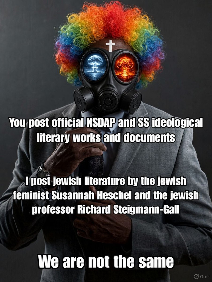 Ahnenkrieger's tweet photo. LMFAO at you Galgenkrueze.

Sorry to hear you are disappointed that all the posts are locked little guy.

I'm sure you would love to argue against all the official NSDAP publications and the words of the men appointed to positions of power by Hitler.

Subversive much champ?

Here's where you and your buddy were both brutally destroyed and ratioed on the matter of Rosenbergs myth.
https://t.co/5bDLyx2Mmp

Here's where you were brutally destroyed and ratioed on this same subject matter months ago before running away and blocking again.
https://t.co/lBXq8e9l6n

People can read for themselves and easily see that you are little more than an idiotic fraud desperately trying to massage your pro-christian idiocy into the ears of anyone stupid enough to listen to you.

Why are you, as a self proclaimed antisemite, consistently promoting the literary works of jewish scholars, jewish feminists, antifascists, and antiracists?

The following publications form the foundation of the entirely self-fabricated narrative and rhetoric that you actively promote to our race on a daily basis.

𝗧𝗵𝗲 𝗛𝗼𝗹𝘆 𝗥𝗲𝗶𝗰𝗵: 𝗡𝗮𝘇𝗶 𝗖𝗼𝗻𝗰𝗲𝗽𝘁𝗶𝗼𝗻𝘀 𝗼𝗳 𝗖𝗵𝗿𝗶𝘀𝘁𝗶𝗮𝗻𝗶𝘁𝘆, 𝟭𝟵𝟭𝟵–𝟭𝟵𝟰𝟱.
𝗥𝗶𝗰𝗵𝗮𝗿𝗱 𝗦𝘁𝗲𝗶𝗴𝗺𝗮𝗻𝗻-𝗚𝗮𝗹𝗹.
𝗖𝗮𝗺𝗯𝗿𝗶𝗱𝗴𝗲 𝗨𝗻𝗶𝘃𝗲𝗿𝘀𝗶𝘁𝘆 𝗣𝗿𝗲𝘀𝘀 𝟮𝟬𝟬𝟯. 

Richard Steigmann-Gall is jewish and was Director of the jewish Studies Program at Kent State University from 2004 to 2010. 

Kent State's own faculty biography confirms this, as does his CV.

His appointment was reported in the Cleveland jewish News.

The article describes him as the new director/coordinator of Kent State's Jewish Studies program and discusses his plans for the programme.

Steigmann-Gall's scholarship explicitly promotes the holocaust narrative and critiques National Socialist antisemitism, persecution, and the destruction of European Jewry.

𝗧𝗵𝗲 𝗔𝗿𝘆𝗮𝗻 𝗝𝗲𝘀𝘂𝘀: 𝗖𝗵𝗿𝗶𝘀𝘁𝗶𝗮𝗻 𝗧𝗵𝗲𝗼𝗹𝗼𝗴𝗶𝗮𝗻𝘀 𝗮𝗻𝗱 𝘁𝗵𝗲 𝗕𝗶𝗯𝗹𝗲 𝗶𝗻 𝗡𝗮𝘇𝗶 𝗚𝗲𝗿𝗺𝗮𝗻𝘆.
𝗦𝘂𝘀𝗮𝗻𝗻𝗮𝗵 𝗛𝗲𝘀𝗰𝗵𝗲𝗹,.
𝗣𝗿𝗶𝗻𝗰𝗲𝘁𝗼𝗻 𝗨𝗻𝗶𝘃𝗲𝗿𝘀𝗶𝘁𝘆 𝗣𝗿𝗲𝘀𝘀 𝟮𝟬𝟬𝟴.

Susannah Heschel is jewish.

She is a professor of jewish Studies at Dartmouth College, specializing in antisemitism, jewish thought, modern judaism, and jewish-Christian relations.

Her father, Abraham Joshua Heschel, was one of the most influential jewish theologians of the 20th century and a prominent figure in the American civil rights movement.

Heschel's scholarship explicitly promotes the Holocaust narrative, National Socialist persecution of jews, and fights against antisemitism.

Susannah Heschel has received several significant awards and honors for her contributions to jewish scholarship.

She has also received recognition from the jewish community for her work examining the relationship between Christianity and judaism, with the Abraham Geiger Prize and National jewish Book Award being particularly notable examples.

Heschel is a self-described Jewish feminist and has written a book titled 𝘖𝘯 𝘉𝘦𝘪𝘯𝘨 𝘢 𝘑𝘦𝘸𝘪𝘴𝘩 𝘍𝘦𝘮𝘪𝘯𝘪𝘴𝘵.

𝗖𝗵𝗿𝗶𝘀𝘁𝗶𝗮𝗻𝗶𝘁𝘆 𝗶𝗻 𝗛𝗶𝘁𝗹𝗲𝗿'𝘀 𝗜𝗱𝗲𝗼𝗹𝗼𝗴𝘆:
𝗧𝗵𝗲 𝗥𝗼𝗹𝗲 𝗼𝗳 𝗝𝗲𝘀𝘂𝘀 𝗶𝗻 𝗡𝗮𝘁𝗶𝗼𝗻𝗮𝗹 𝗦𝗼𝗰𝗶𝗮𝗹𝗶𝘀𝗺.
𝗠𝗶𝗸𝗮𝗲𝗹 𝗡𝗶𝗹𝘀𝘀𝗼𝗻.
𝗖𝗮𝗺𝗯𝗿𝗶𝗱𝗴𝗲 𝗨𝗻𝗶𝘃𝗲𝗿𝘀𝗶𝘁𝘆 𝗣𝗿𝗲𝘀𝘀 𝟮𝟬𝟮𝟰.

Mikael Nilsson is an antifascist independent historian who does not have the institutional credentials of a professional historian.

In all of his books Nilsson accepts the Holocaust as an historical event and claims National Socialist Germany's mass murder of European jews as an established historical fact. 

In his 2024 book, Nilsson explicitly refers to the Holocaust as “the Nazis’ ultimate crime.”

In his earlier scholarship, Nilsson explicitly identifies Hitler as responsible for the Holocaust.

In his review of Volker Ullrich's biography, he described Hitler as an “anti-Semitic mass murderer” and characterized the Holocaust as an unprecedented genocide that was “planned and executed by Hitler and other leading Nazis.”

Nilsson has publicly stated that he worked with Stiftelsen Expo, a Swedish organization that describes itself as a religiously and politically independent anti-racist foundation focused on researching and countering racist organizations, ideas and conspiracy theories.

Anyone familiar with your garbage knows that these three books form the foundation of your self-fabricated and entirely false narrative and rhetoric.

You literally spend your days promoting jewish literature and jewish talking points by jewish and anti-fascist scholars while attempting to discredit official NSDAP and SS publications and casting aspersions on men whom Hitler personally appointed positions of power within the Party.

Explain to us all why you personally choose to promote the literary works of jewish scholars, jewish feminists, antifascists, and antiracists to our race?