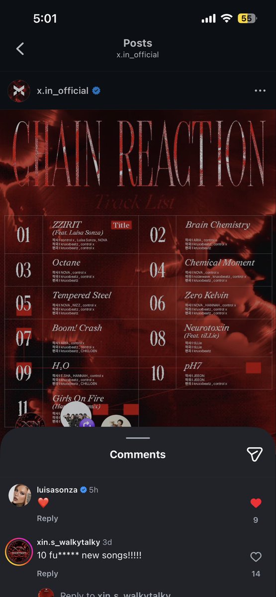 sarinaot5's tweet photo. The queen herself has liked Xin chain reaction tracklist post on instagram 

#XIN #엑신
#ChainReaction #ZZIRIT https://t.co/Tnvg39L3E9