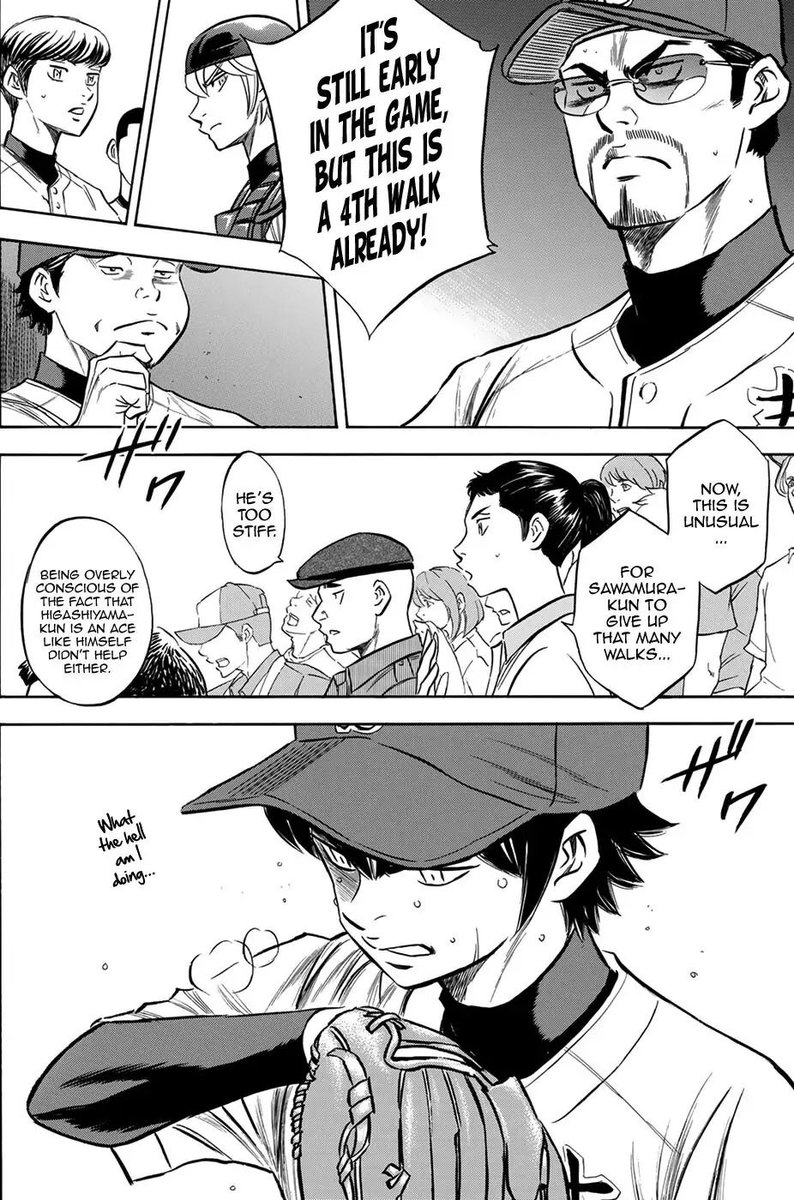 promiyuki's tweet photo. What I love most about Act II is how Eijun and Furuya’s arcs start at opposite ends and slowly meet in the middle. Eijun begins Act II unable to see how Furuya could forget a pitcher’s role is simply to retire the batter before him, only to buckle under the title of ace himself. https://t.co/YC44nIxUgt