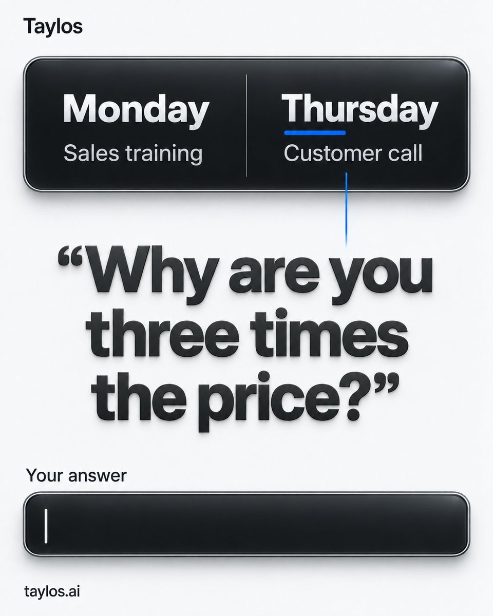 benekroetz's tweet photo. On Monday you train your SDR for a Thursday-Call.

You teach the framework.

SDR gets told: "You're 3x the price." -> Both manager and rep fail.

"Sell the value" doesnt help, when you need an answer that fits your product, prospect and context.

We’re building Taylos for that. https://t.co/5UoBRaOijR