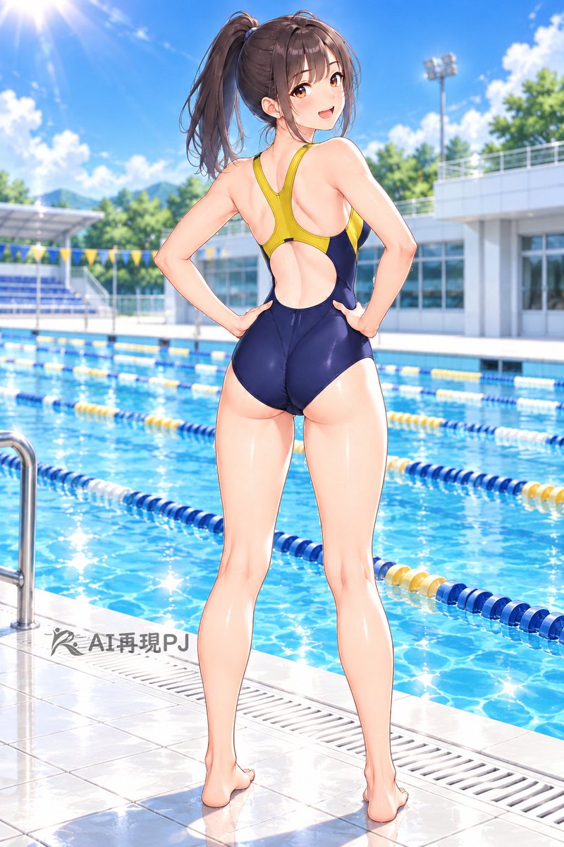 research_np's tweet photo. スイミングスクール指定水着3（背面）

千葉県市川市にある「アーデルフットネスリゾート」スイミングクラブ���指定水着。

AI生成だと「全体描写」が優先されるので、縫製の表現とが曖昧になっちゃいますね。

#競泳水着
#スイミングスクール指定水着AI再現 https://t.co/Zp0CuBQ2cU