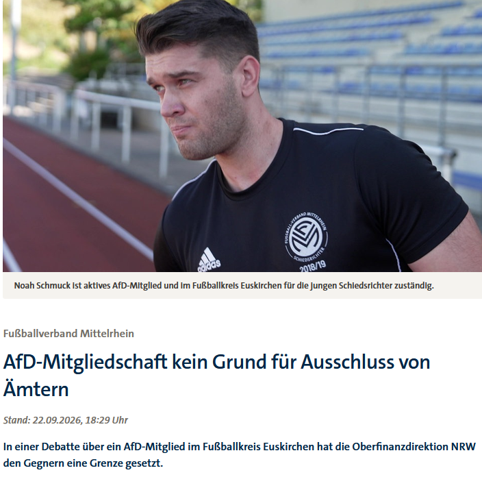 PeterBorbe's tweet photo. Immer neue Kuriositäten im irrwitzigen Kampf gegen die AfD: Der Fußballverband Mittelrhein erwog eine Satzungsänderung, in der AfD-Mitglieder von Ämtern ausgeschlossen werden sollen und ließ prüfen, wie sich das steuerrechtlich auswirken würde. Die Oberfinanzdirektion NRW stellte klar, dass dies zum Verlust der Gemeinnützigkeit führen würde, da mit einer solchen Satzung die gesetzliche Neutralitätspflicht verletzt würde.
Damit gibt man sich natürlich nicht zufrieden, nun sucht man nach anderen Formulierungen, in denen nicht direkt die Parteizugehörigkeit erwähnt wird, aber irgendwas mit "menschen- und demokratiefeindlichem Verhalten".
https://t.co/Vy9PxAXAiP