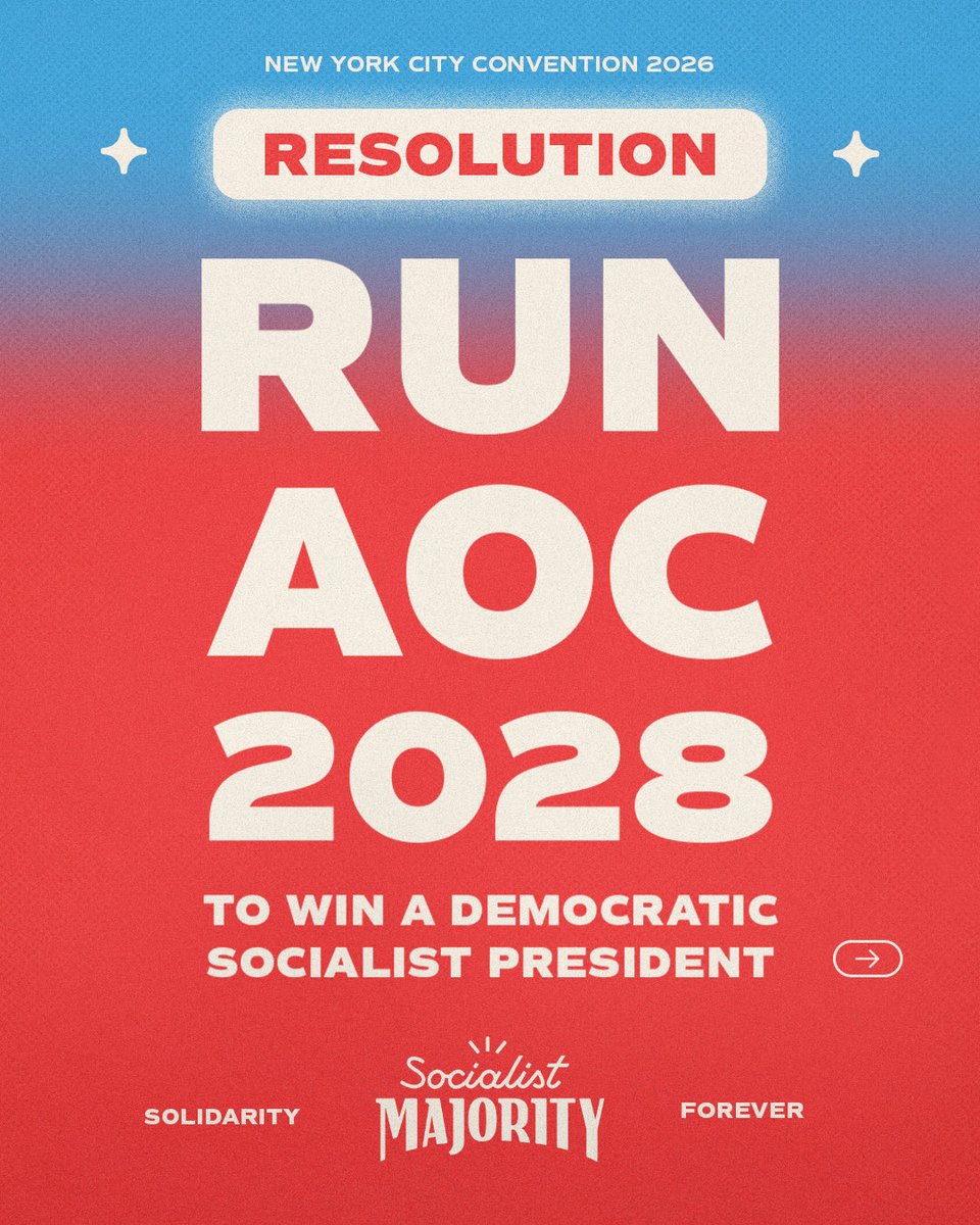 DSASocMaj's tweet photo. AOC 2028: Build the Movement for a Democratic Socialist Presidency

We’re calling on AOC to run in 2028 and organizing to build the movement for a democratic socialist presidency

NYC-DSA 2026 City Convention
📅 Saturday, November 14, 2026

We’ve updated the link with new resolutions to check out and co-sponsor:

https://t.co/CGgQNLOAJ4