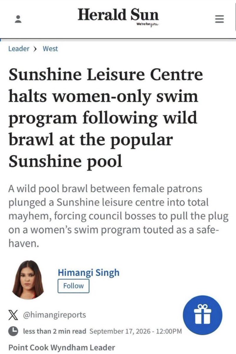 LukeLRPS's tweet photo. We need reporters and publications to start doing their jobs. 

Can you think of why a female-only swim program WOULD EVER experience a “brawl”?

Do you know of other female-only events have experienced “brawls” as a terminal issue?

NO- because it wasn’t female only- OF COURSE. A fucked-up creep of a man who claims to be a woman invaded the swim session DIDN’T HE?

And this dangerous freak of a man violently assaulted a pregnant woman and two other women in their change room. THATS RIGHT. He threw the pregnant women to the ground. 

That’s what actually happened. 

This happened PRECISELY BECAUSE this program wasn’t “female-only”. Because in Australia nothing can be female only. By law. 

And this is the result. Women miss out.