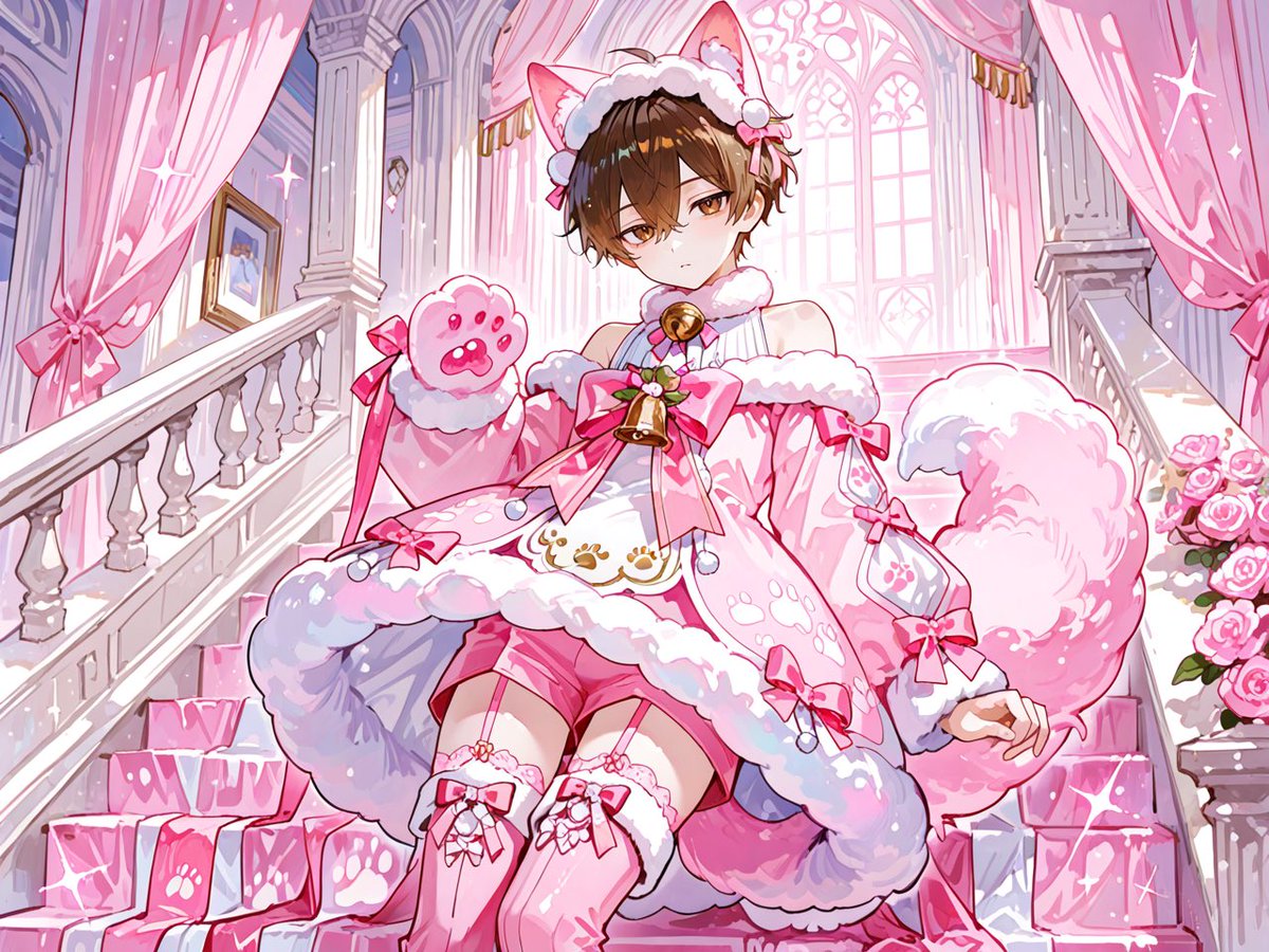 Lilli_zeta's tweet photo. おはようございます🎀✨✨
今日は昨日配布した衣装のピンクバージョンです(∩˃ ᵕ ˂∩)💓✨✨

ALTに入れておくので、良ければこっちも着てみてくださいね！(日本語補助プロンプトも足しておきます)
皆さんのピンクもふもふみたいです🤭✨✨

ALTが見られない方向け↓_____________🎀

wearing luxurious all-pink fluffy cat-themed lolita outfit, high fluffy pastel pink fur collar, off-shoulder design, layers of glossy pink satin ribbons decorated with gold bells and tiny pink cat faces, hanging soft pink pom-poms, delicate pink paw print patterns, short fluffy pink shorts, pink fluffy thigh-high boots with ribbon garters and gold bells, huge fluffy pink tail with oversized satin ribbon and gold bell, elegant pink and white palace interior with sheer pink curtains, blooming pink roses and marble stairs
淡いピンクふわふわの猫耳ロリータ衣装, 大量の淡いピンクリボンと銀色の鈴, ポンポン装飾, 肉球模様, ファーのハイカラー, 大きな淡いピンクいしっぽに特大リボン, 淡いピンクのニーハイブーツ