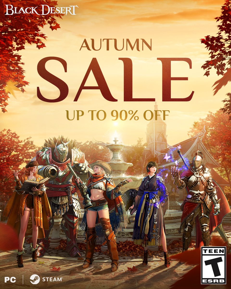 NewsBlackDesert's tweet photo. Fall into savings 🍂 
Get Black Desert 90% off, or enjoy 50% off any package! 

Share the season’s best deals with a future guildmate: https://t.co/73clmNkdkN https://t.co/aGMQyINY9d