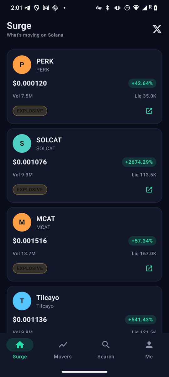 Surge_sol's tweet photo. Surge
Your live momentum board. 
Every token ranked by velocity, tagged with a surge chip so you read the tape in one glance, no spreadsheets, no mental math.
Tap any token → full detail view. https://t.co/ISuzqy8mPV