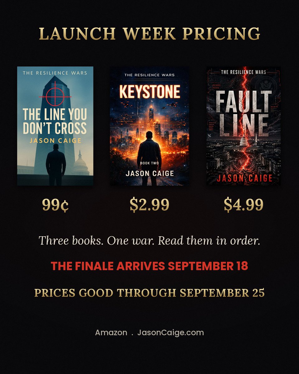 JasonCaige's tweet photo. The math on a complete trilogy this week: $0.99 + $2.99 + $4.99. Under 9 dollars for the whole war. Ends Friday. https://t.co/lSbcFPebpA #KindleDeals #ThrillerBooks https://t.co/CKAbp3SFlf