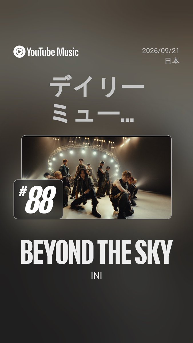 MINI__YouTube's tweet photo. 🏆ランキング情報🏆
🎞YouTubeチャート 9/21版

✅デイリーMVランキング

INI｜'BEYOND THE SKY' Performance Video

再生して長期ランクインを目指そう❗️
高評価がまだの方は忘れずに⚠️

9/21  #88⬇️
9/20 #42

🔗 https://t.co/Tb1lLbHZsU https://t.co/PrnxvoAece