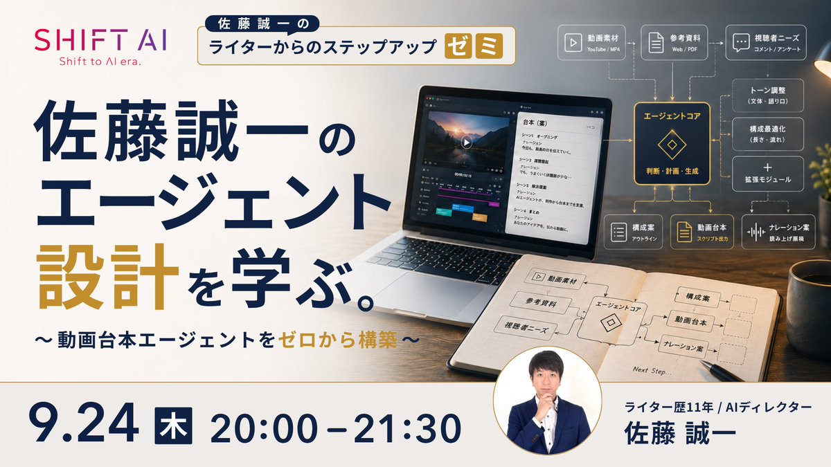 SHIFT_AI_0's tweet photo. 【📢動画台本エージェントをゼロから構築】
＼運用中の講師が 新作を目の前で／

💬作り方は読んだのに自分の仕事に落ちない
💬完成品を見ても 何を決めたか分からない？

自作エージェントを運用する講師が
テーマ選びと下調べから1本を組み上げ
詰まった箇所と直し方まで見える90分！

▶講師：佐藤誠一 さん
・AI関連記事を1000本以上執筆
・自作のライティングエージェントを運用中
・AIで業務効率化しチーム縮小→利益率80%超

✅エージェント作りで最初に決めること
✅動かないときに疑う場所と直し方
✅自分の仕事で同じ形を作る最初の一歩

ーーーーーーーーーーーーーー
・日時：9月24日（木）20:00〜21:30
・参加方法：会員限定｜公式LINE／サイトより
ーーーーーーーーーーーーーー