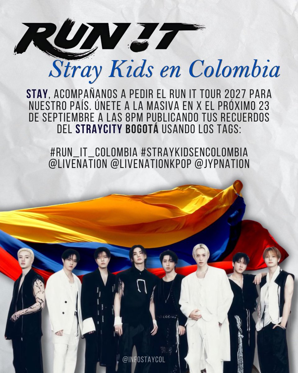 infostaycol's tweet photo. CAMPAÑA DE PETICIÓN RUN IT TOUR 2027 EN COLOMBIA 🇨🇴

Ante los rumores de que el tour de Stray Kids estaría siendo negociado en distintos países de Latinoamérica, este es el momento de hacer ruido y demostrar cuánto queremos volver a vivir un momento así en nuestro país, pero ahora en concierto. 🤎

📢 Este 23 de septiembre a las 8:00PM nos reuniremos en X para iniciar la gran campaña de petición por RUN IT 2027 en Colombia.
🏷️ Usa los tags que aparecen en la imagen.

Queremos que todos se unan y participen con toda la energía. 🫶🏻 Publiquen sus fotos, vídeos y recuerdos más bonitos de STRAYCITY Bogotá, cuenten qué significó para ustedes vivir ese momento y demostremos por qué queremos repetirlo.

#RUN_IT_COLOMBIA