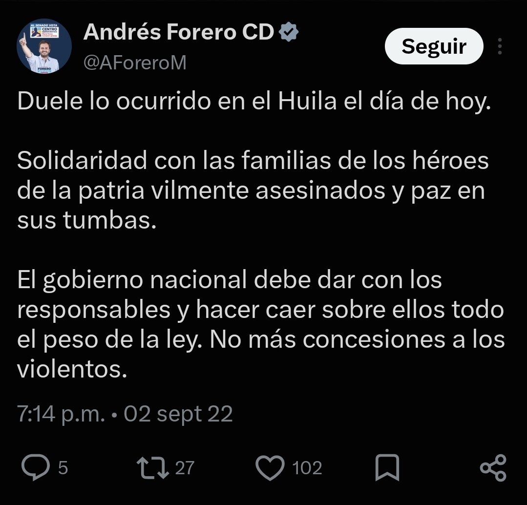 tavo2366's tweet photo. Cuando el 2 de septiembre de 2022 las disidencias asesinaron a 7 policías en el Huila, al entonces representante @AForeroM
no le pareció "herencia maldita" de Duque ni de nadie. Solo pidió dar con los responsables y "no más concesiones a los violentos". 

Hoy, con Petro ya fuera, sí es herencia maldita de la paz total.
